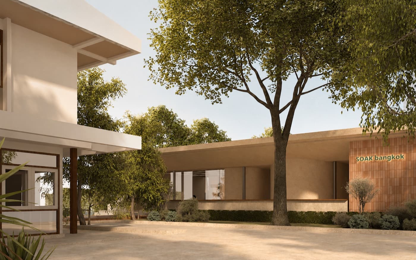 The Soak entrance with the SOAK bangkok sign, architect render